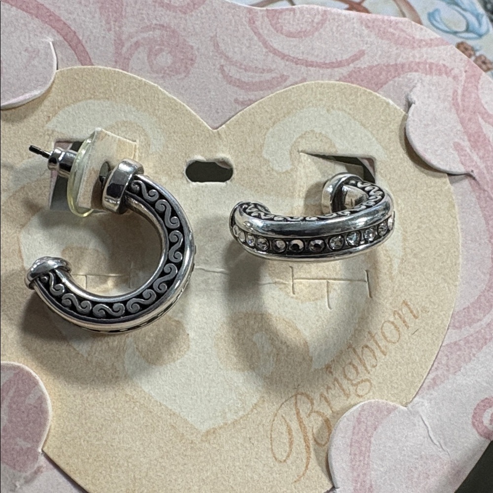 Brighton Clear Crystal Hoop Post Earrings Scrollwork Silver Plate - Picture 2 of 4